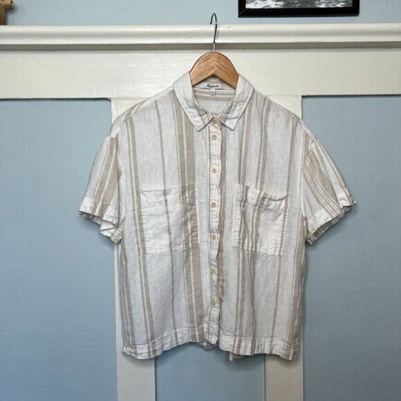 Madewell Tan & White Stripe Short Sleeve Button Front Shirt Linen Blend S - Picture 1 of 6